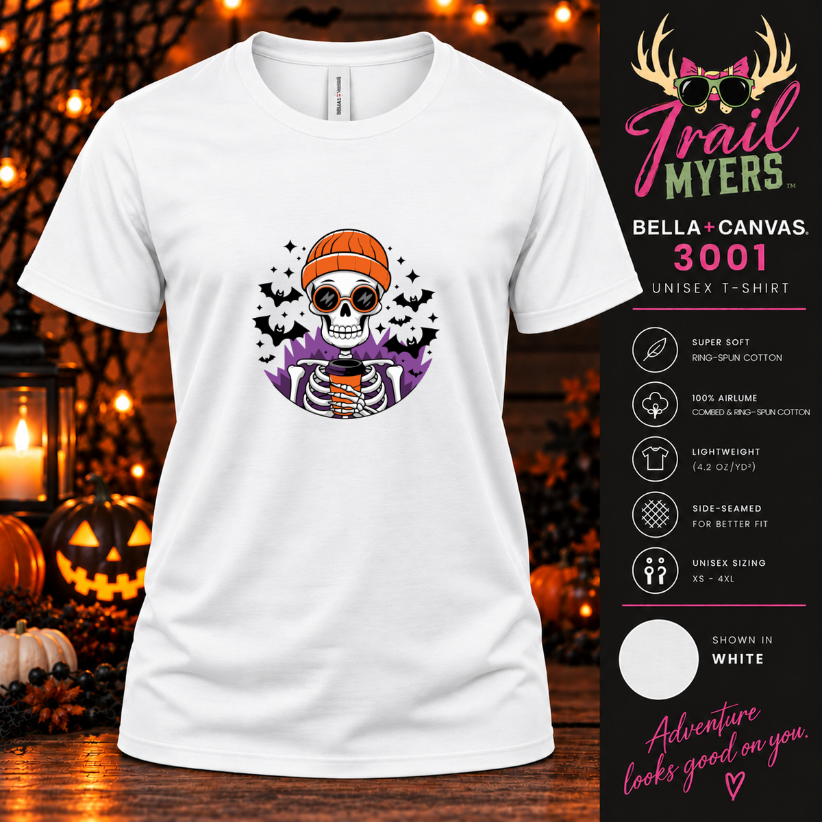 Spooky Sips Skeleton Halloween Tee 💀☕🦇